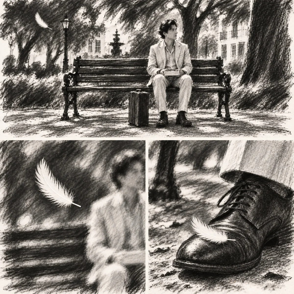 Charcoal sketch: three storyboard panels show a traveler on a bench, a white feather drifting through the air, then a close-up of it landing on his brown shoe.