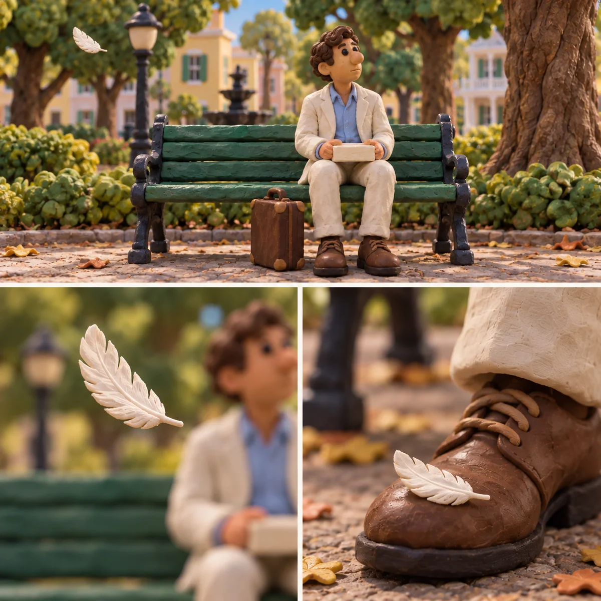 Claymation: three storyboard panels show a traveler on a bench, a white feather drifting through the air, then a close-up of it landing on his brown shoe.