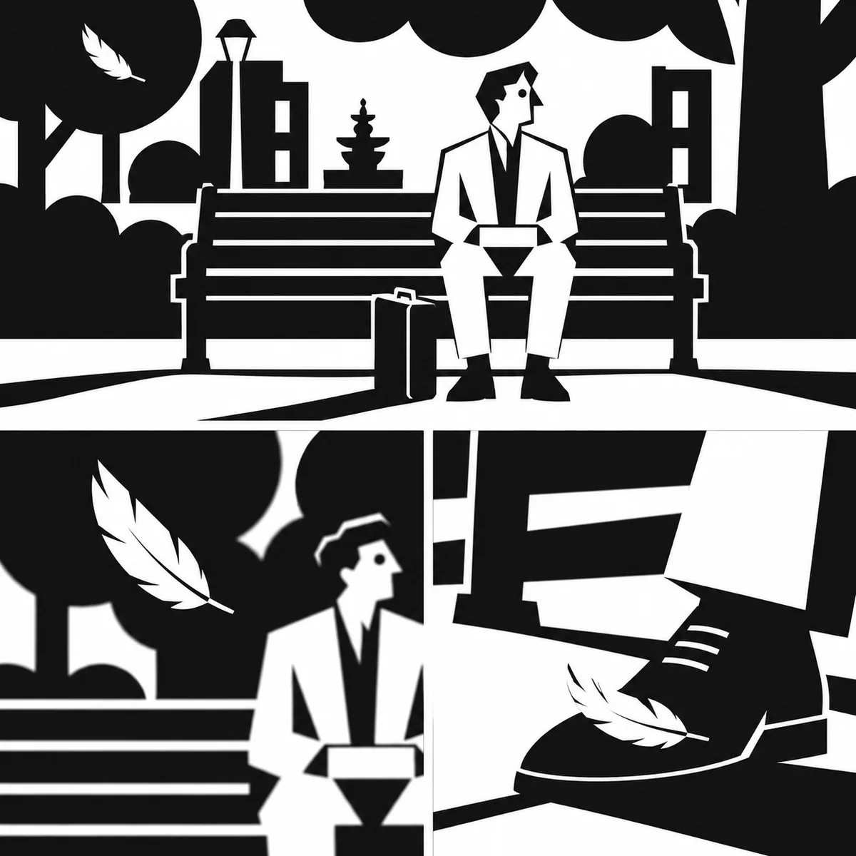 Geometric B&W: three storyboard panels show a traveler on a bench, a white feather drifting through the air, then a close-up of it landing on his brown shoe.