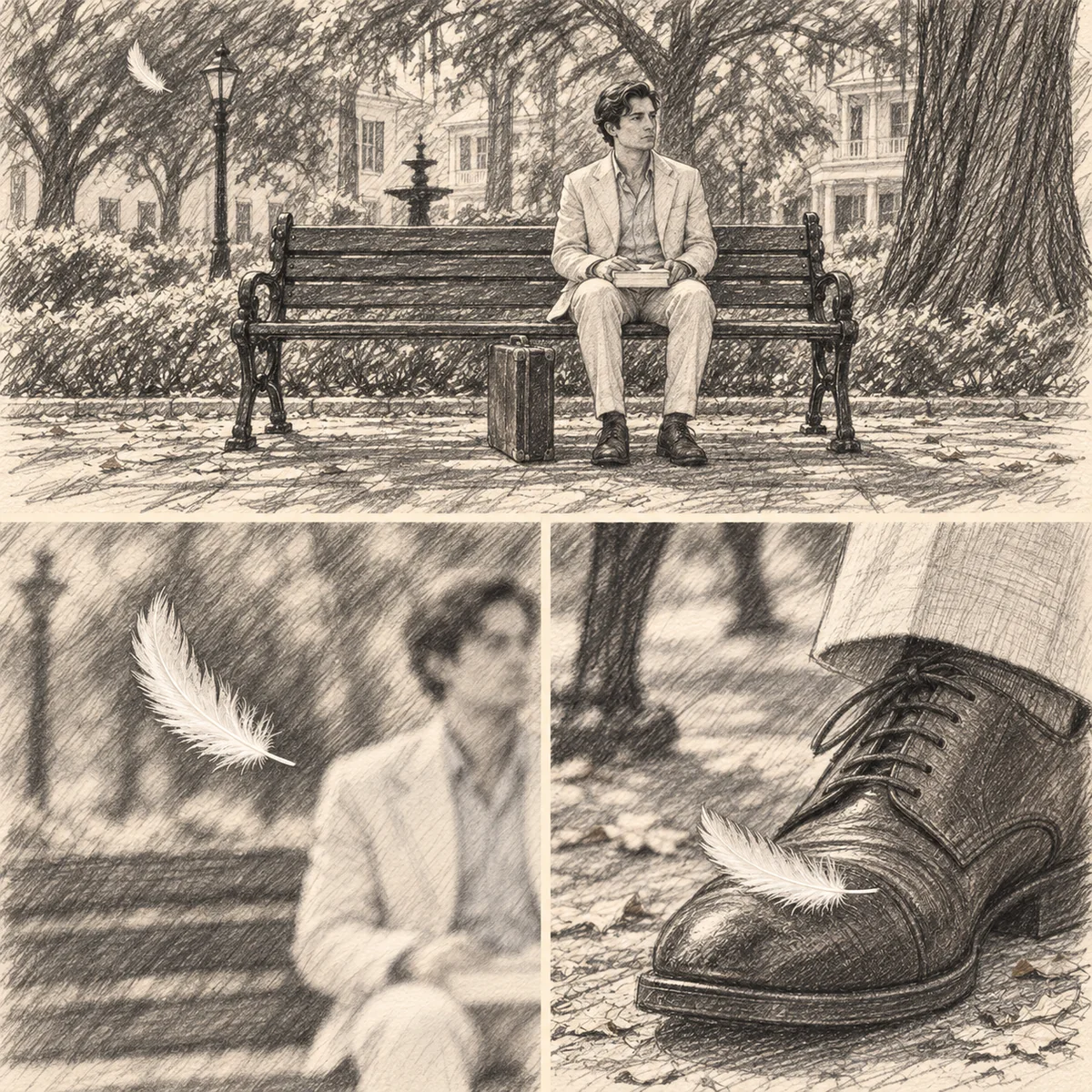 Pencil sketch: three storyboard panels show a traveler on a bench, a white feather drifting through the air, then a close-up of it landing on his brown shoe.