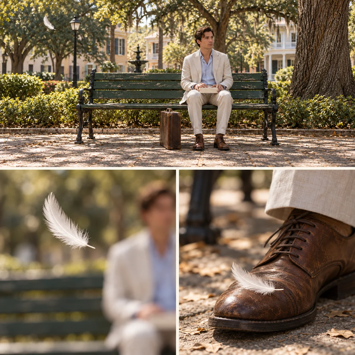 Photoreal: three storyboard panels show a traveler on a bench, a white feather drifting through the air, then a close-up of it landing on his brown shoe.